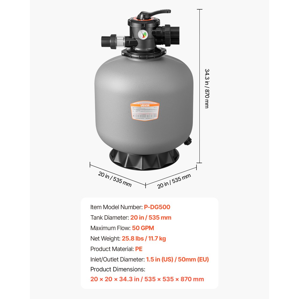 VEVOR Sand Filter, 508 mm, 189.3 LPM Above Inground Swimming Pool Sand Filter System, with 7-Way Multi-Port Valve, Backwash, Rinse, Recirculate, Waste, Winter, Closed Modes, for Above In Ground Pools