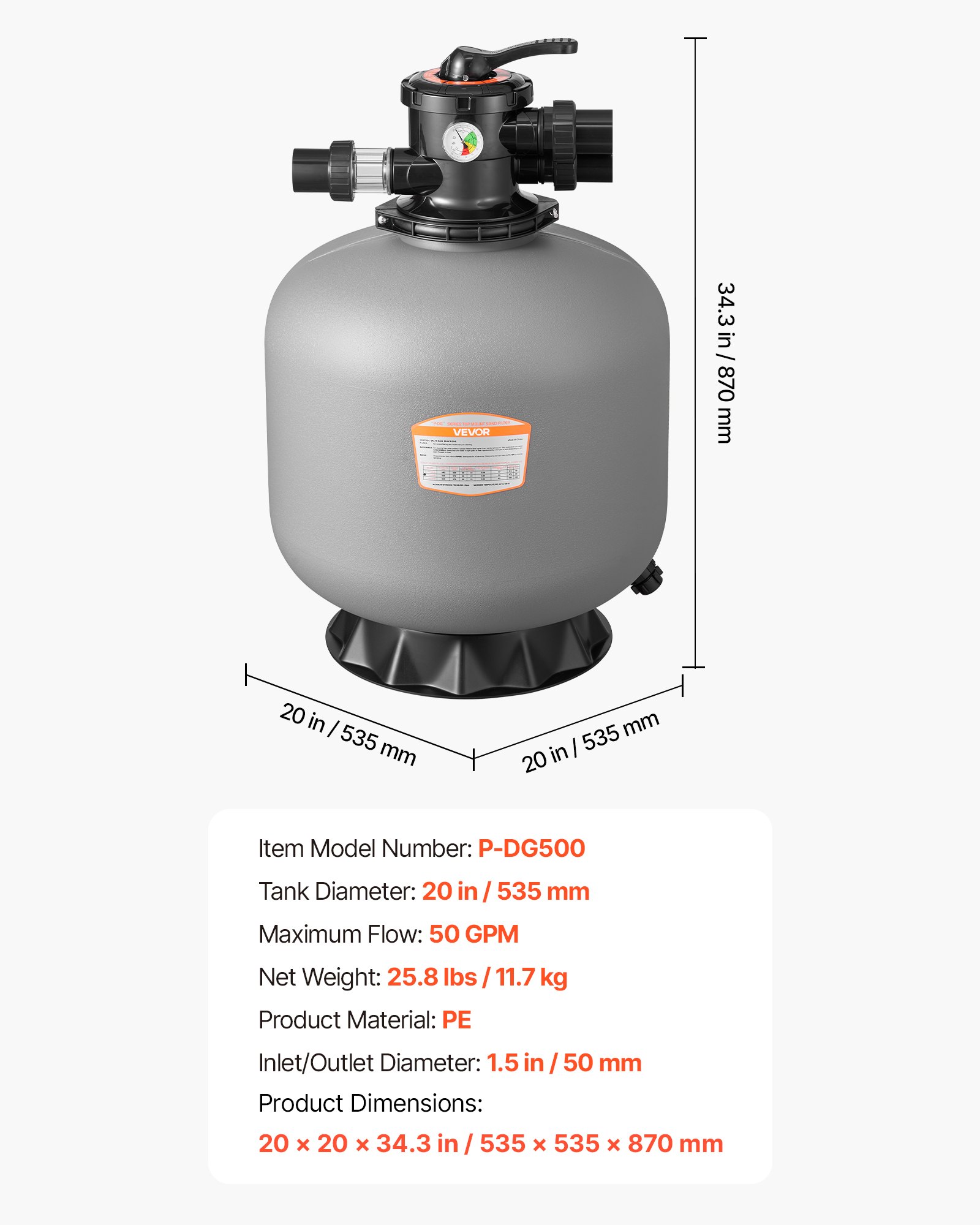 VEVOR Sand Filter, 508 mm, 189.3 LPM Above Inground Swimming Pool Sand Filter System, with 7-Way Multi-Port Valve, Backwash, Rinse, Recirculate, Waste, Winter, Closed Modes, for Above In Ground Pools