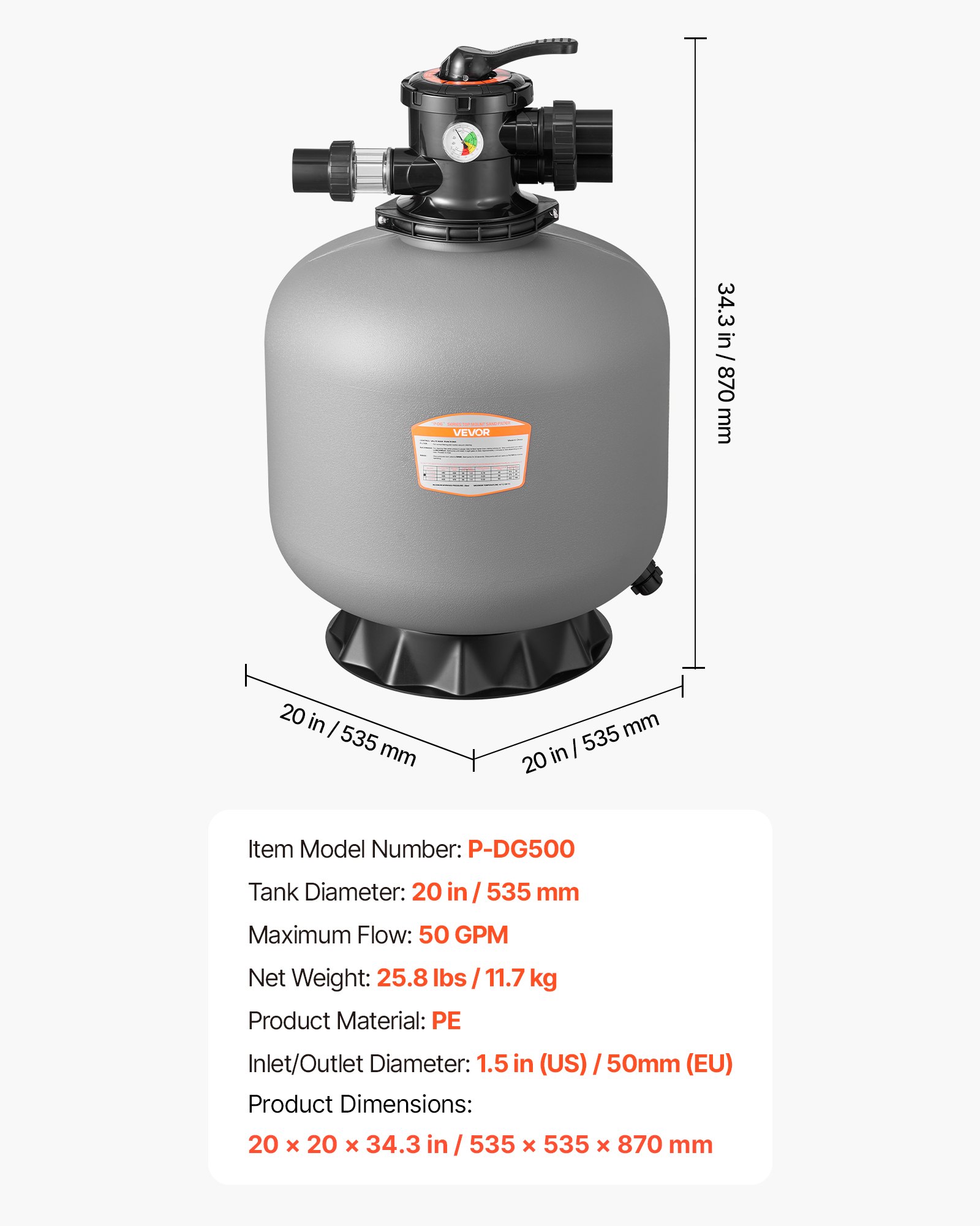 VEVOR Sand Filter, 508 mm, 189.3 LPM Above Inground Swimming Pool Sand Filter System, with 7-Way Multi-Port Valve, Backwash, Rinse, Recirculate, Waste, Winter, Closed Modes, for Above In Ground Pools