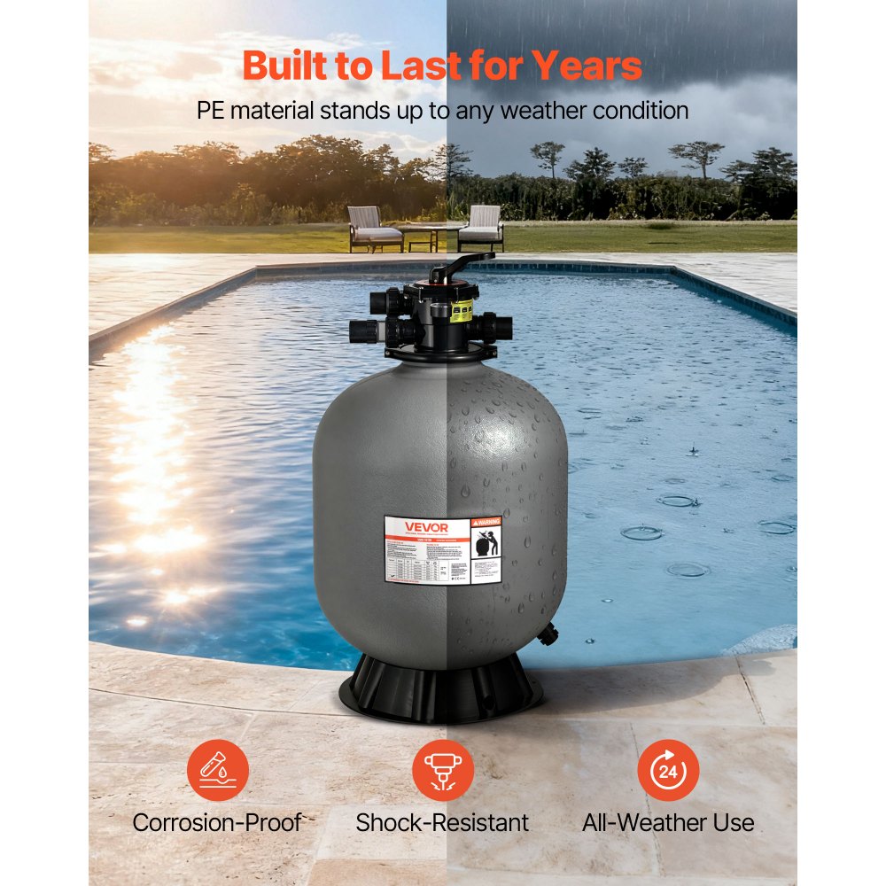 VEVOR Sand Filter, 609.6 mm, 246.1 LPM Above Inground Swimming Pool Sand Filter System, with 7-Way Multi-Port Valve, Backwash, Rinse, Recirculate, Waste, Winter, Closed Modes, for Above In Ground Pool