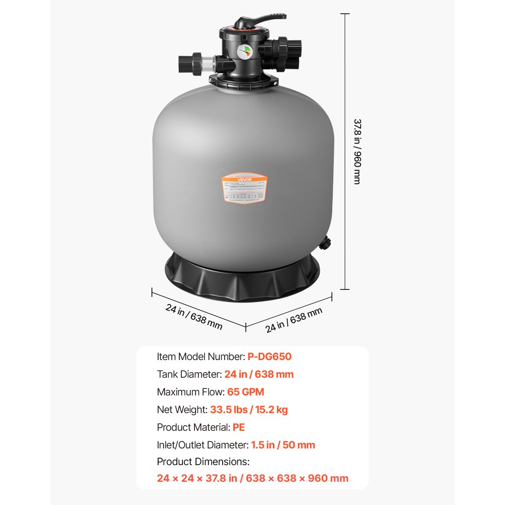 VEVOR Sand Filter, 609.6 mm, 246.1 LPM Above Inground Swimming Pool Sand Filter System, with 7-Way Multi-Port Valve, Backwash, Rinse, Recirculate, Waste, Winter, Closed Modes, for Above In Ground Pool