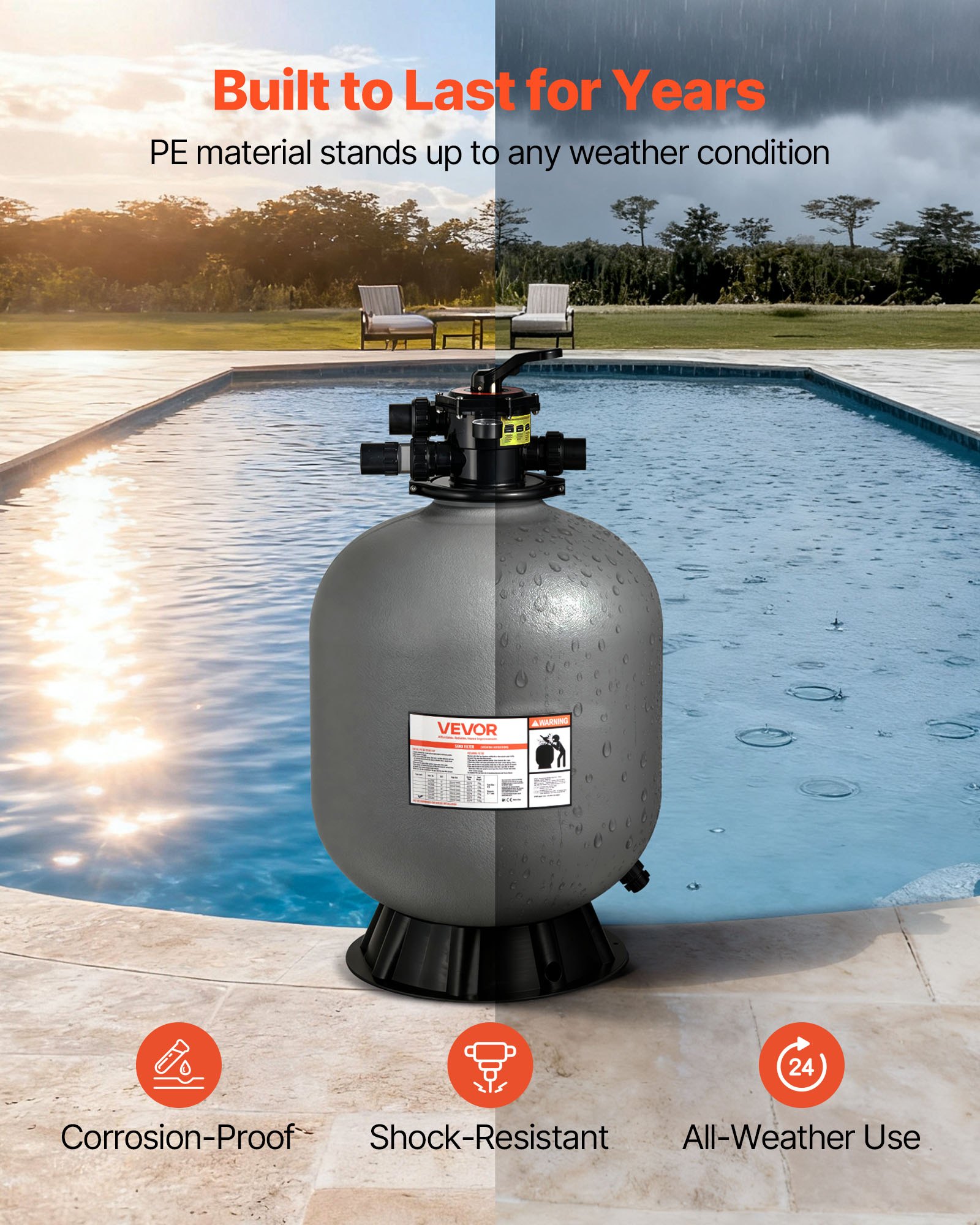 VEVOR Sand Filter, 609.6 mm, 246.1 LPM Above Inground Swimming Pool Sand Filter System, with 7-Way Multi-Port Valve, Backwash, Rinse, Recirculate, Waste, Winter, Closed Modes, for Above In Ground Pool