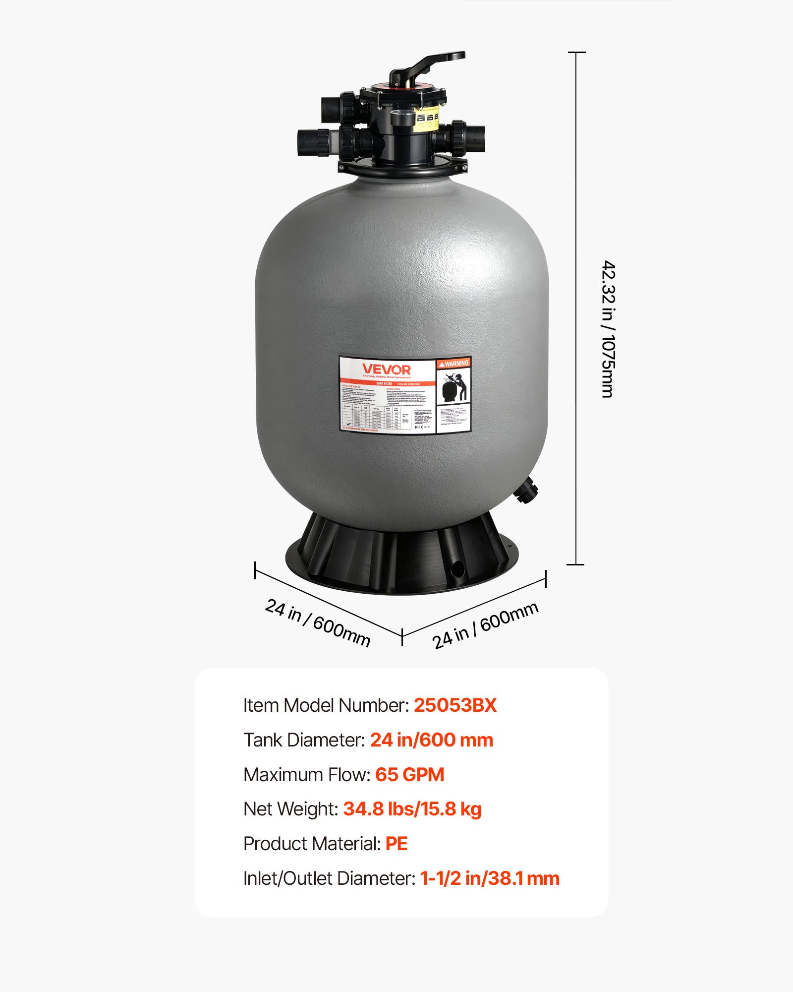 VEVOR Sand Filter, 609.6 mm, 246.1 LPM Above Inground Swimming Pool Sand Filter System, with 7-Way Multi-Port Valve, Backwash, Rinse, Recirculate, Waste, Winter, Closed Modes, for Above In Ground Pool