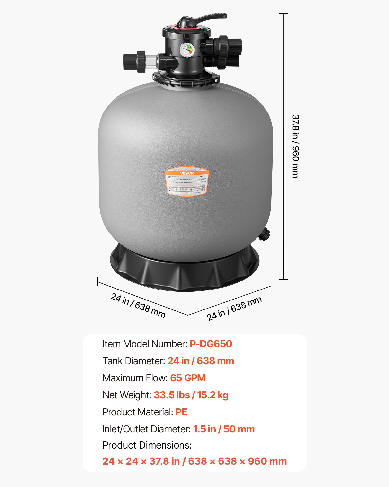 VEVOR Sand Filter, 609.6 mm, 246.1 LPM Above Inground Swimming Pool Sand Filter System, with 7-Way Multi-Port Valve, Backwash, Rinse, Recirculate, Waste, Winter, Closed Modes, for Above In Ground Pool