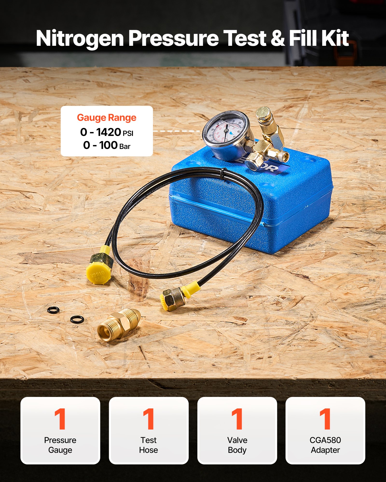 VEVOR Hydraulic Nitrogen Accumulator Charging Kit, 0-1420 PSI Nitrogen Fill Kit, Pressure Test System with 1 Pressure Gauge, 1 Gas Hose, 1 Valve Body and 1 CGA580 Adapter for Construction Machinery