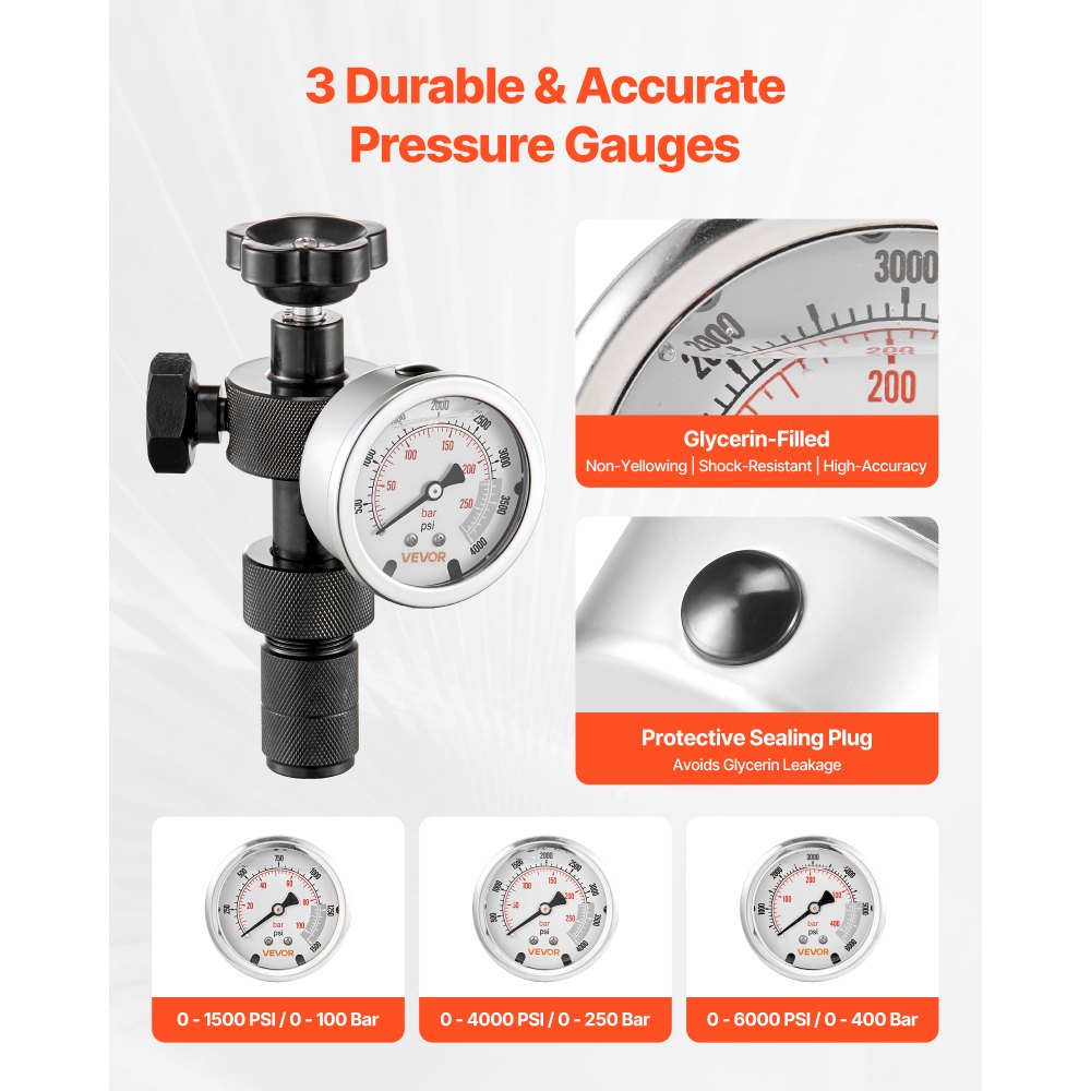 VEVOR Hydraulic Nitrogen Accumulator Charging Kit, All-in-One Nitrogen Fill Kit, Pressure Test System with 3 Gauges (1500, 4000, 6000 PSI), 6 Adapters Couplings, 1 Gas Hose, 1 Valve, 1 CGA580 Adapter