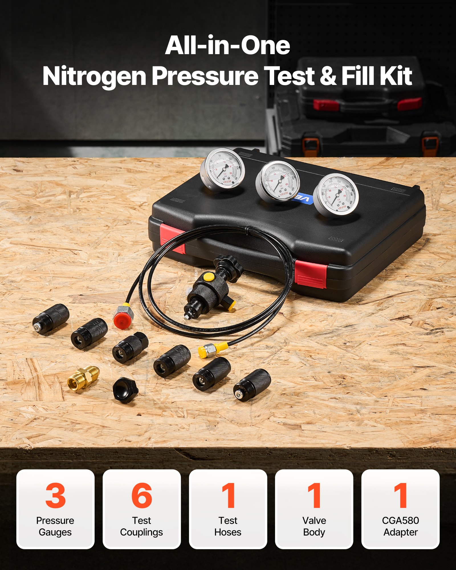 VEVOR Hydraulic Nitrogen Accumulator Charging Kit, All-in-One Nitrogen Fill Kit, Pressure Test System with 3 Gauges (1500, 4000, 6000 PSI), 6 Adapters Couplings, 1 Gas Hose, 1 Valve, 1 CGA580 Adapter