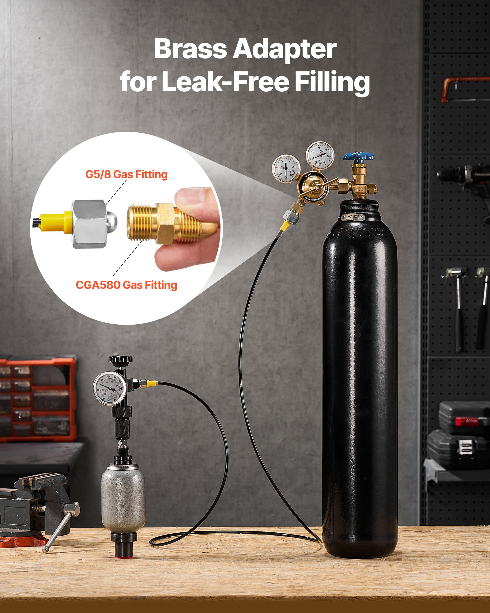 VEVOR Hydraulic Nitrogen Accumulator Charging Kit, All-in-One Nitrogen Fill Kit, Pressure Test System with 3 Gauges (1500, 4000, 6000 PSI), 6 Adapters Couplings, 1 Gas Hose, 1 Valve, 1 CGA580 Adapter