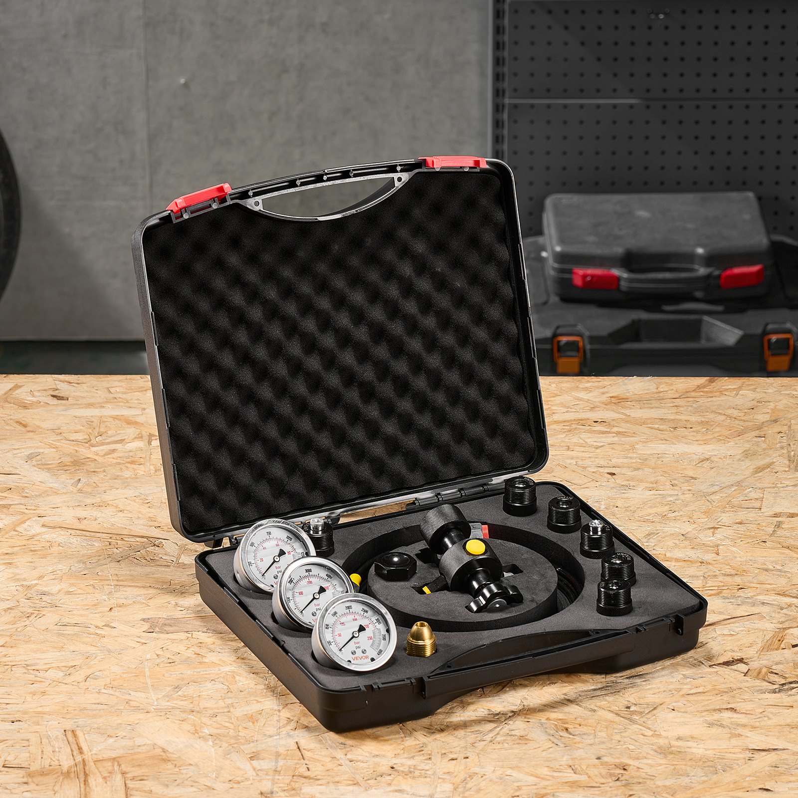 VEVOR Hydraulic Nitrogen Accumulator Charging Kit, All-in-One Nitrogen Fill Kit, Pressure Test System with 3 Gauges (1500, 4000, 6000 PSI), 6 Adapters Couplings, 1 Gas Hose, 1 Valve, 1 CGA580 Adapter