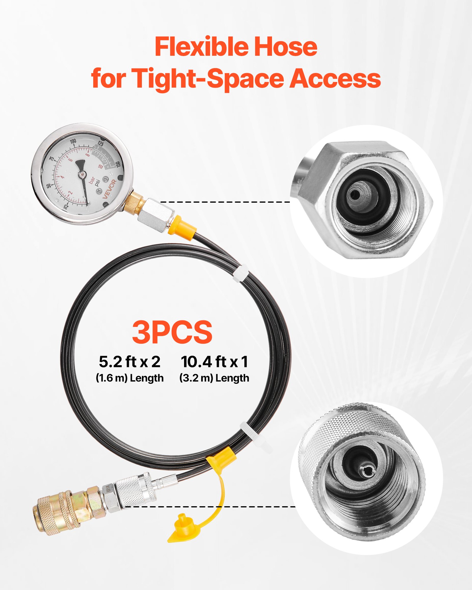VEVOR Hydraulic Pressure Test Kit, 10/60/160/400/600 Bar (150/900/2300/6000/9000 PSI), Hydraulic Gauge Kit 5 Gauges 20 Couplings 4 Quick-Release Couplers 3 Hoses for Excavator Construction Machinery
