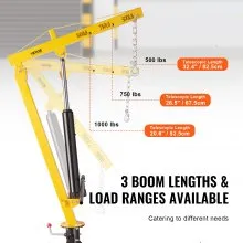 VEVOR Hydraulic Pickup Truck Crane, 1000 lbs Capacity, 360° Swivel, Hitch Mounted Crane with Three Boom Capacities of 500 lbs, 750 lbs & 1000 lbs, for Lifting Goods in Construction, Forestry, Factory