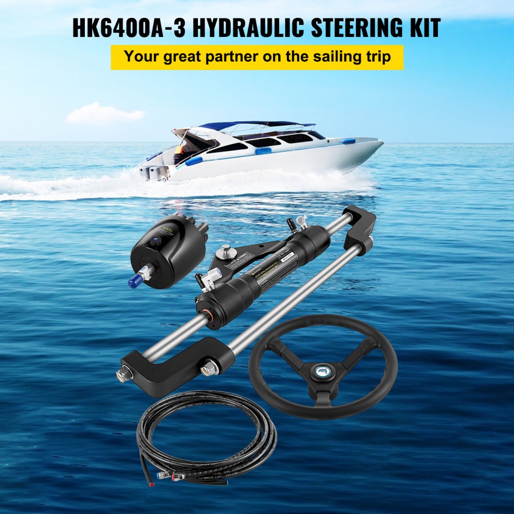 VEVOR 300HP Hydraulic Boat Steering Kit, Hydraulic Steering Helm Pump, Aluminum Alloy Steering Cylinder, 13.5" Steering Wheel with 10" Hydraulic Steering Hose for Boat Steering System