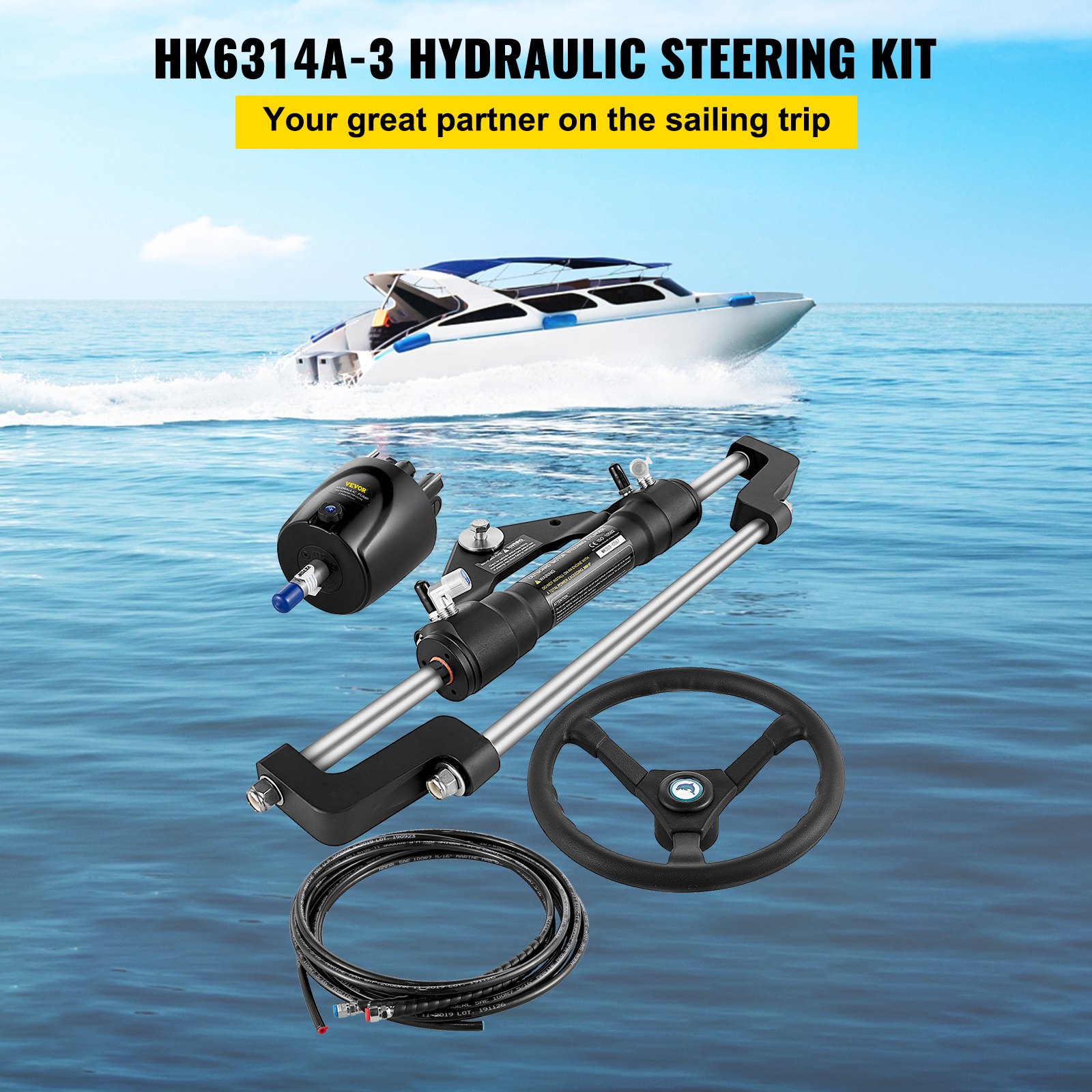 VEVOR hydraulic boat steering kit shown with a powerboat in the background.