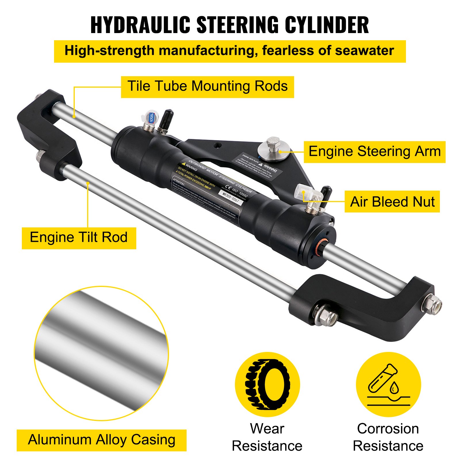 VEVOR hydraulic outboard steering kit with aluminum alloy casing and engine steering arm.