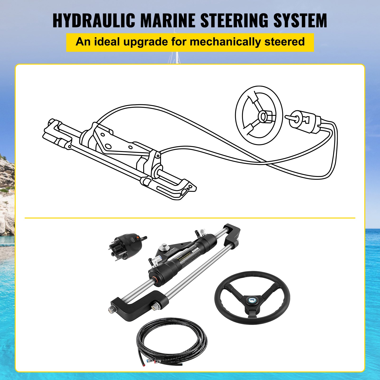 VEVOR Hydraulic Boat Steering Kit, 300HP Hydraulic Steering Kit Helm Pump, Cylinder, Wheel, 18 Feet Hose Hydraulic Steering Seal Kit, Corrosion-Resistant Boat Steering System Marine Steering Kit