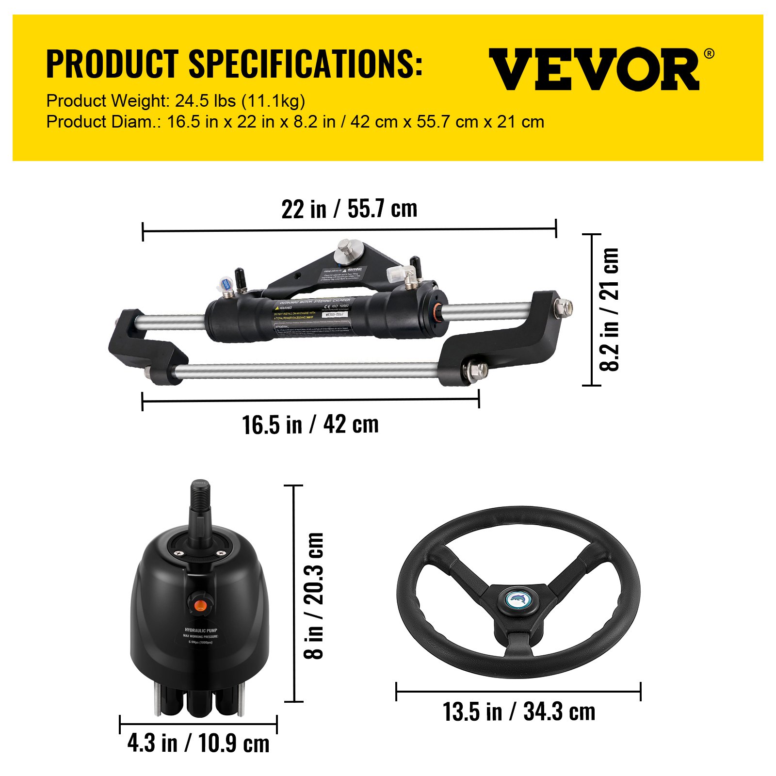 VEVOR Hydraulic Boat Steering Kit, 300HP Hydraulic Steering Kit Helm Pump, Cylinder, Wheel, 18 Feet Hose Hydraulic Steering Seal Kit, Corrosion-Resistant Boat Steering System Marine Steering Kit