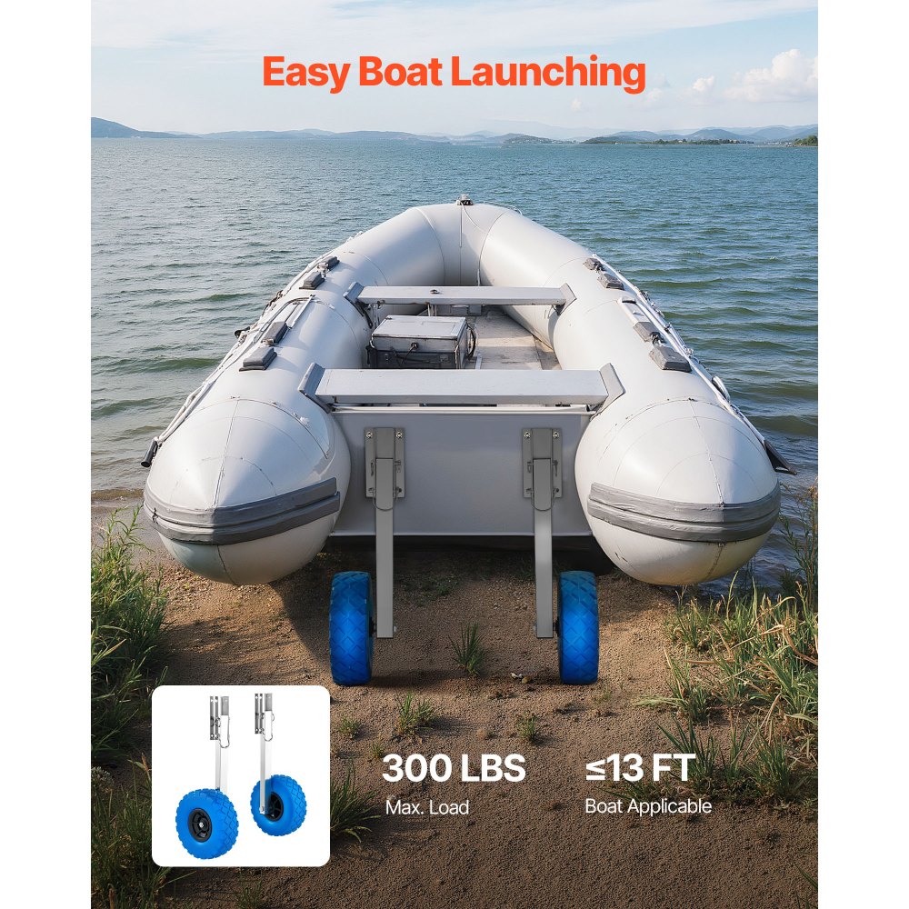 VEVOR Boat Launching Wheels, 136.1 kg Load Capacity, 260 mm Stainless Steel Transom Wheel with Solid PVC Tire, Folding Launch Wheels with 4 Quick Release Pins, Fit 4 m Long Inflatable Fishing Boat