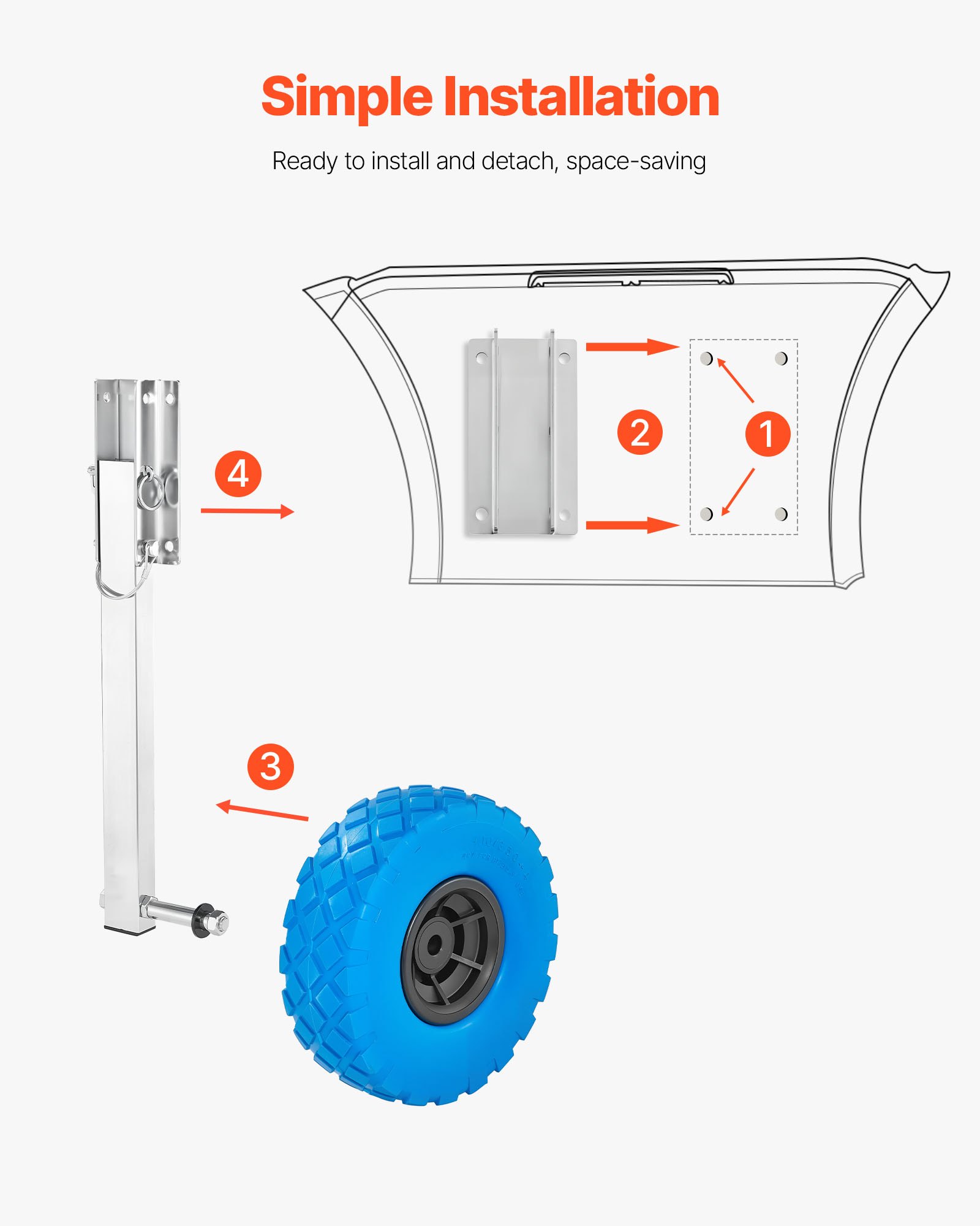 VEVOR Boat Launching Wheels, 136.1 kg Load Capacity, 260 mm Stainless Steel Transom Wheel with Solid PVC Tire, Folding Launch Wheels with 4 Quick Release Pins, Fit 4 m Long Inflatable Fishing Boat