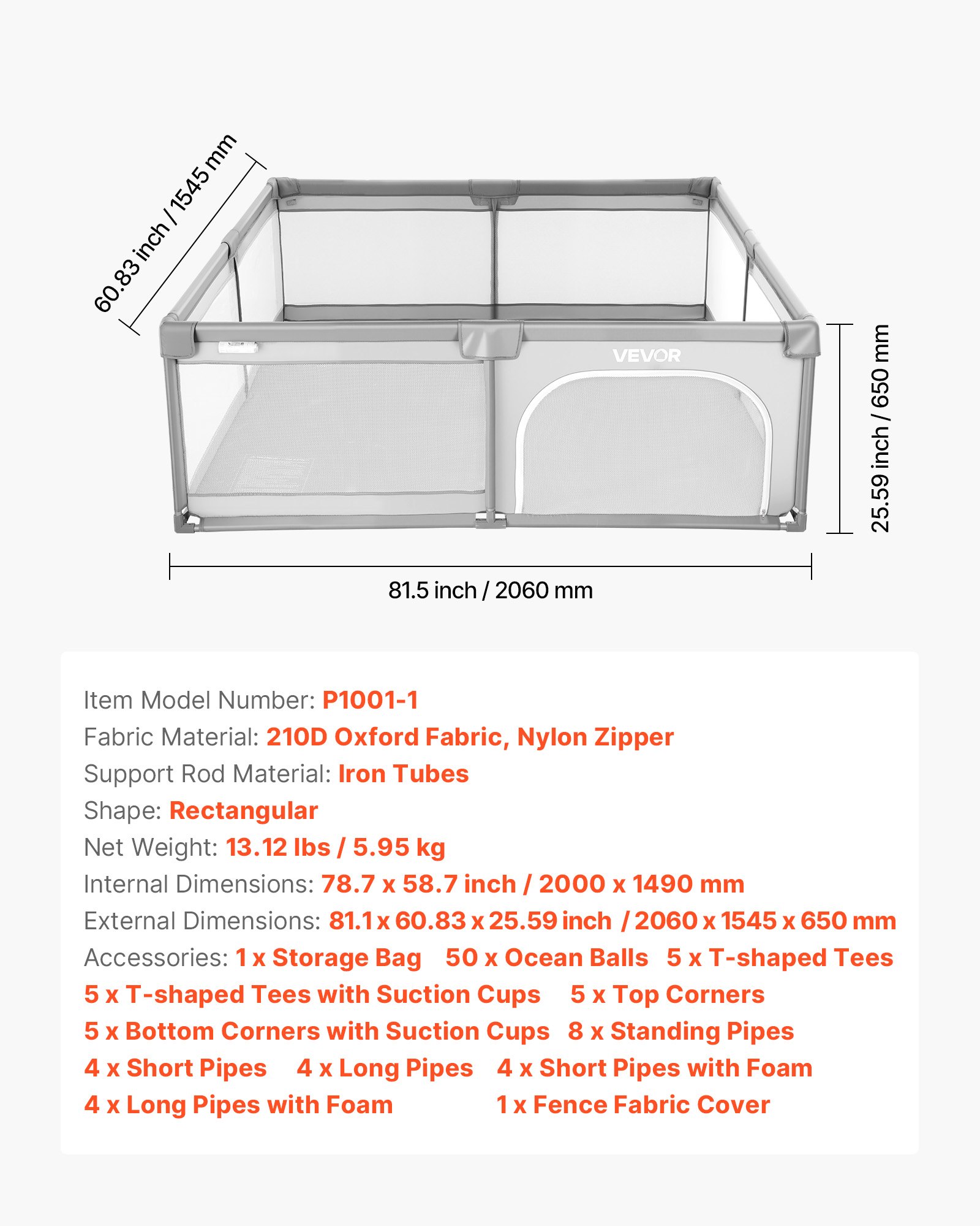 VEVOR Baby Playpen, 78.7″ x 58.7″ Large Toddlers Playpen, Indoor/Outdoor Baby Fence Play Yard with 50 Ocean Balls, Zippered Door & Breathable Mesh, No-Gap Safety Activity Center for Babies Toddlers