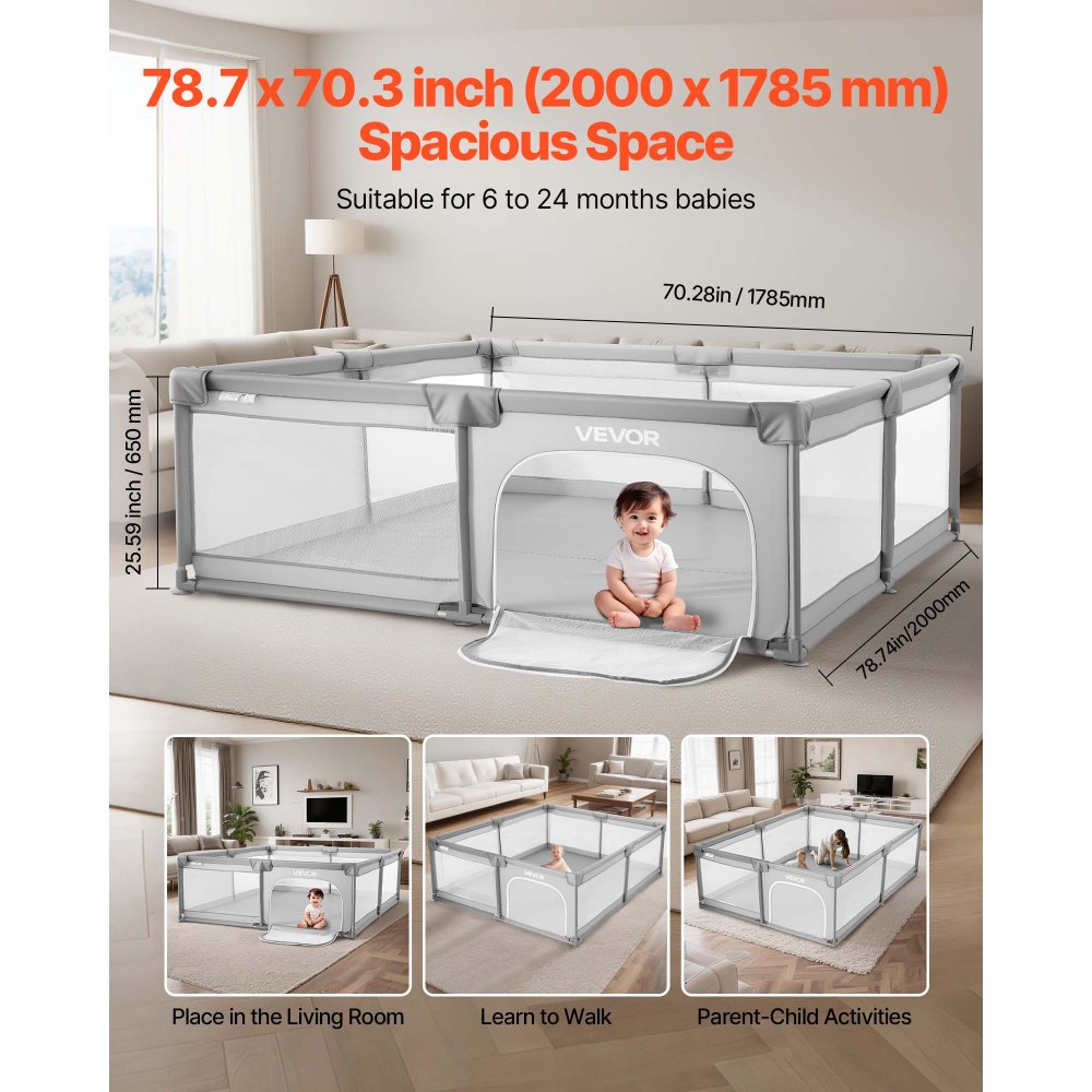VEVOR Baby Playpen, 2000 x 1785mm Extra Large Playpen for Babies Toddlers, Indoor/Outdoor Baby Fence Play Yard, No-Gap Safety Activity Center with 50 Ocean Balls, Zippered Door & Soft Breathable Mesh