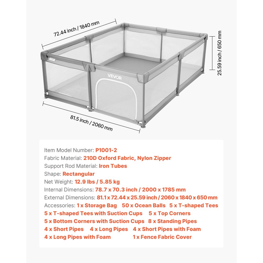 VEVOR Baby Playpen, 2000 x 1785mm Extra Large Playpen for Babies Toddlers, Indoor/Outdoor Baby Fence Play Yard, No-Gap Safety Activity Center with 50 Ocean Balls, Zippered Door & Soft Breathable Mesh