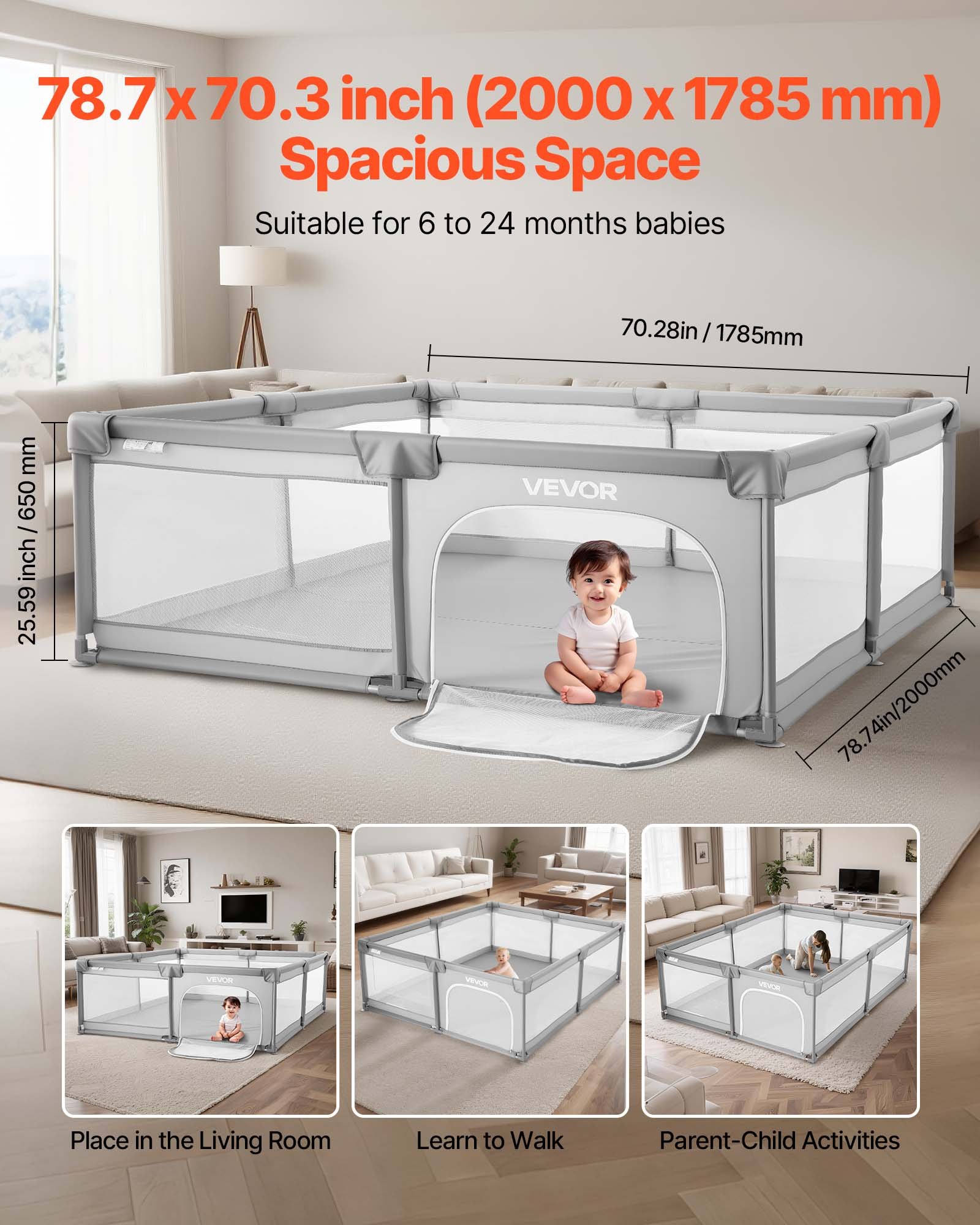 VEVOR Baby Playpen, 2000 x 1785mm Extra Large Playpen for Babies Toddlers, Indoor/Outdoor Baby Fence Play Yard, No-Gap Safety Activity Center with 50 Ocean Balls, Zippered Door & Soft Breathable Mesh