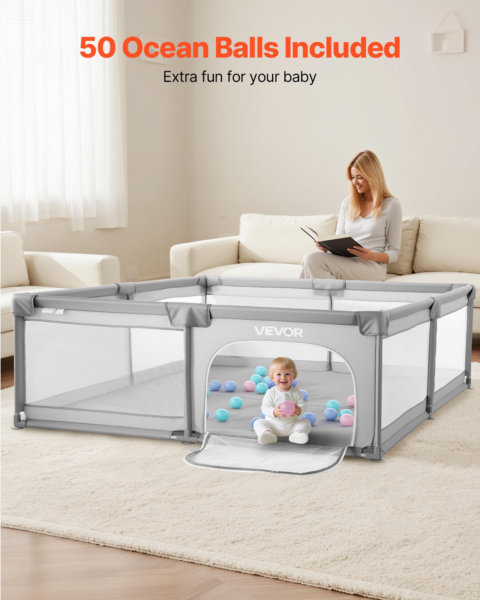 VEVOR Baby Playpen, 2000 x 1785mm Extra Large Playpen for Babies Toddlers, Indoor/Outdoor Baby Fence Play Yard, No-Gap Safety Activity Center with 50 Ocean Balls, Zippered Door & Soft Breathable Mesh