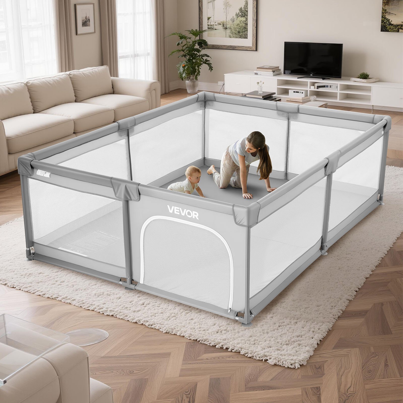VEVOR Baby Playpen, 2000 x 1785mm Extra Large Playpen for Babies Toddlers, Indoor/Outdoor Baby Fence Play Yard, No-Gap Safety Activity Center with 50 Ocean Balls, Zippered Door & Soft Breathable Mesh