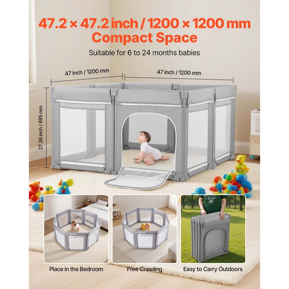 VEVOR Baby Playpen, 1200 x 1200mm Foldable Toddlers Playpen, Indoor/Outdoor Baby Fence Play Yard with Zippered Door & Soft Breathable Mesh, No-Gap Toddlers Activity Center for 6 - 24 Months Babies