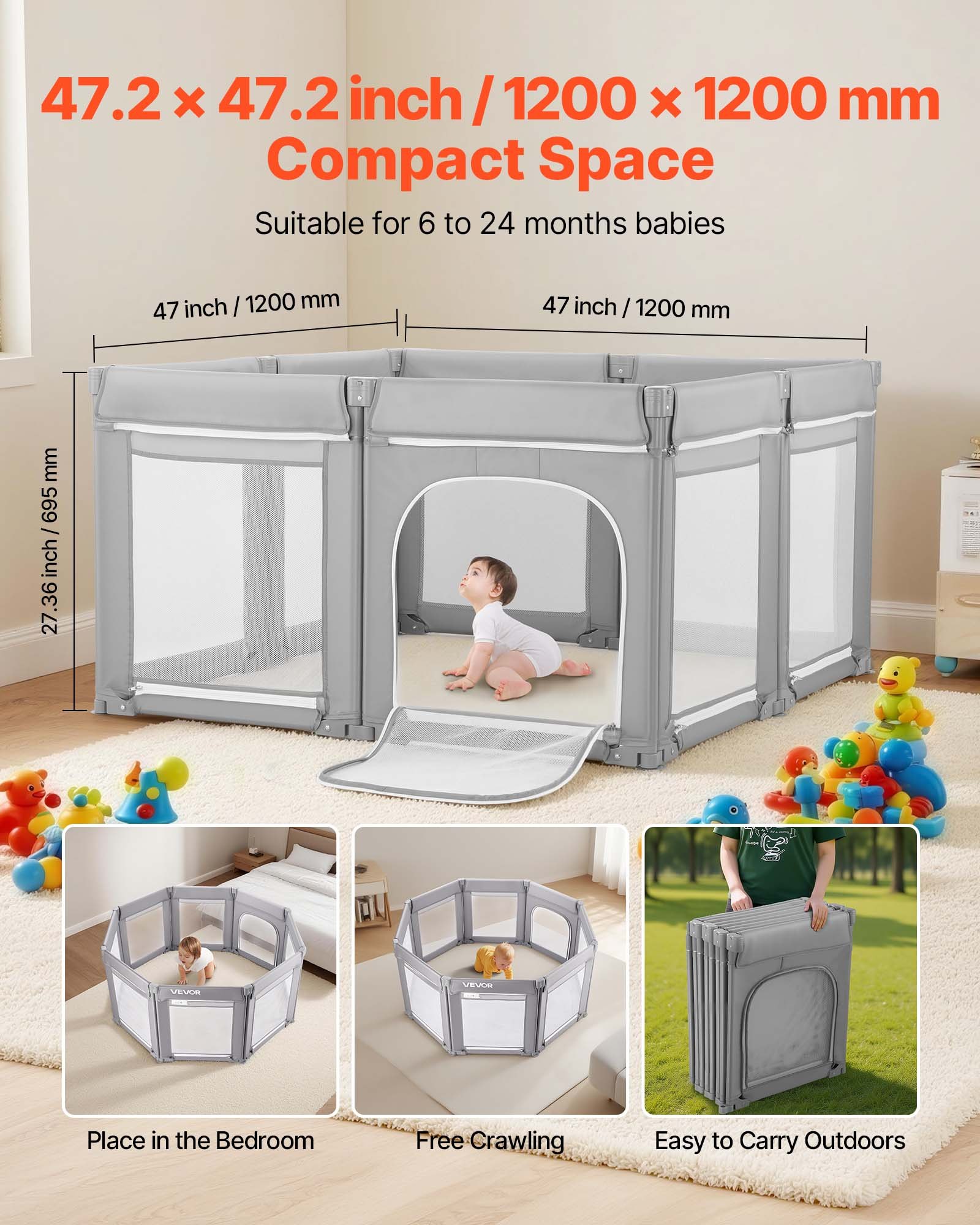 VEVOR Baby Playpen, 1200 x 1200mm Foldable Toddlers Playpen, Indoor/Outdoor Baby Fence Play Yard with Zippered Door & Soft Breathable Mesh, No-Gap Toddlers Activity Center for 6 - 24 Months Babies
