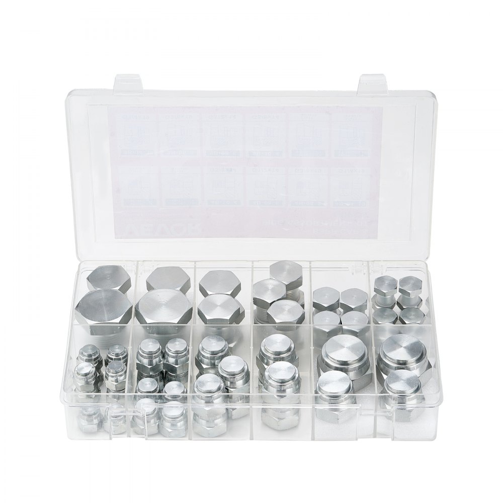 VEVOR 64 PCS BSPP Hydraulic Fittings, Hydraulic Cap and Plug Kit with Precision Threading, Galvanized Steel Heavy Duty Hydraulic Fitting Adapter Kit, Dash Sizes 04/06/08/10/12/16
