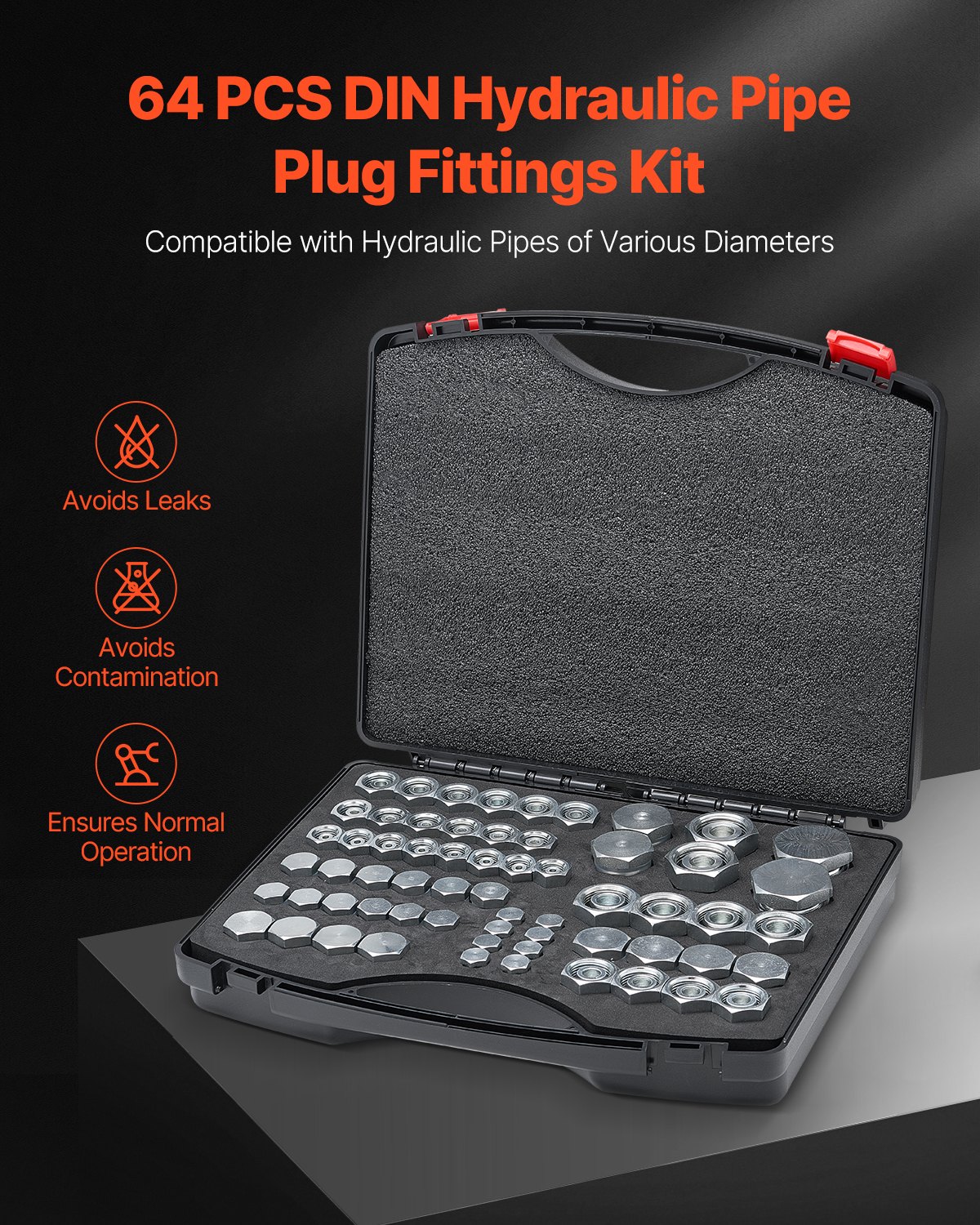 VEVOR 64 PCS DIN Hydraulic Fittings, Heavy Duty Master Industrial Hydraulic Cap and Plug, Hose Tube and Pipe Fitting Kit, Cap and Plug Kit with Precision Threading, Dash Sizes 14/16/18/22/26/30/36