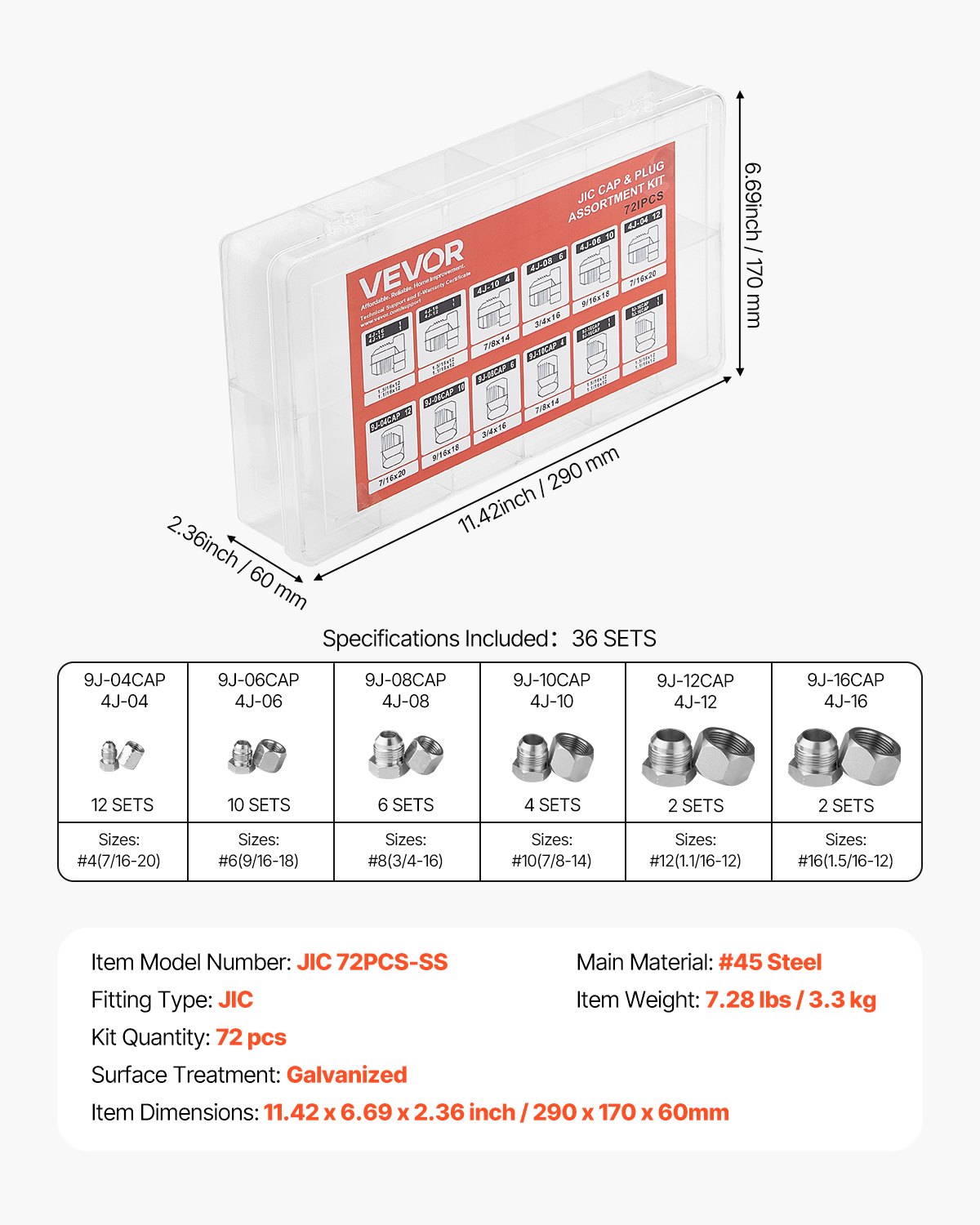 VEVOR 72 PCS JIC Hydraulic Fittings, Heavy Duty Master Industrial Hydraulic Cap and Plug, Hose Tube and Pipe Fitting Kit Cap and Plug Kit Precision Threading in 37° Dash Sizes 4 6 8 10 12 16