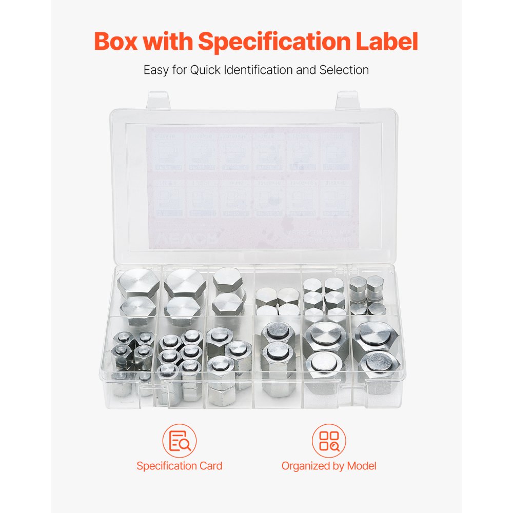 VEVOR 72 PCS ORFS Hydraulic Fittings, O Ring Face Seal Fitting Kit, Hydraulic Hose Tube and Pipe Fittings, Cap and Plug Set for Hydraulics, O Ring Assortment Kit Precision Thread, Sizes 4 6 8 10 12 16