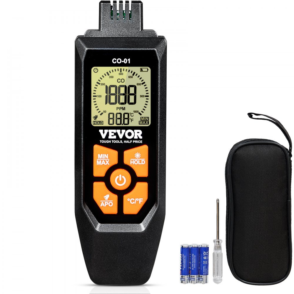 VEVOR Carbon Monoxide Detectors, 0-1000PPM Portable CO Detector with Audible & Visual Alarm, Handheld CO Gas Meter Tester with Temp Sensor, LCD Backlit Screen for Industrial/Home (Include 3 x Battery)