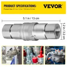 VEVOR Skid Steer Hydraulic Quick Connect 1/2\" Body Hydraulic Coupler 1/2\" NPT Hydraulic Coupling Quick Connect 2 Pairs Hydraulic Quick Coupler 27.6 MPa (ISO 16028) (12 Pairs)