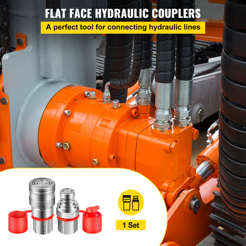 VEVOR Flat Face Hydraulic Couplers 1/2'' Body 1/2'' NPT Thread, Skid Steer Quick Connect Coupling, 4061 PSI Hydraulic Fittings, Pioneer Hydraulic Couplers w/Dust Caps for Bobcat Case (ISO16028)