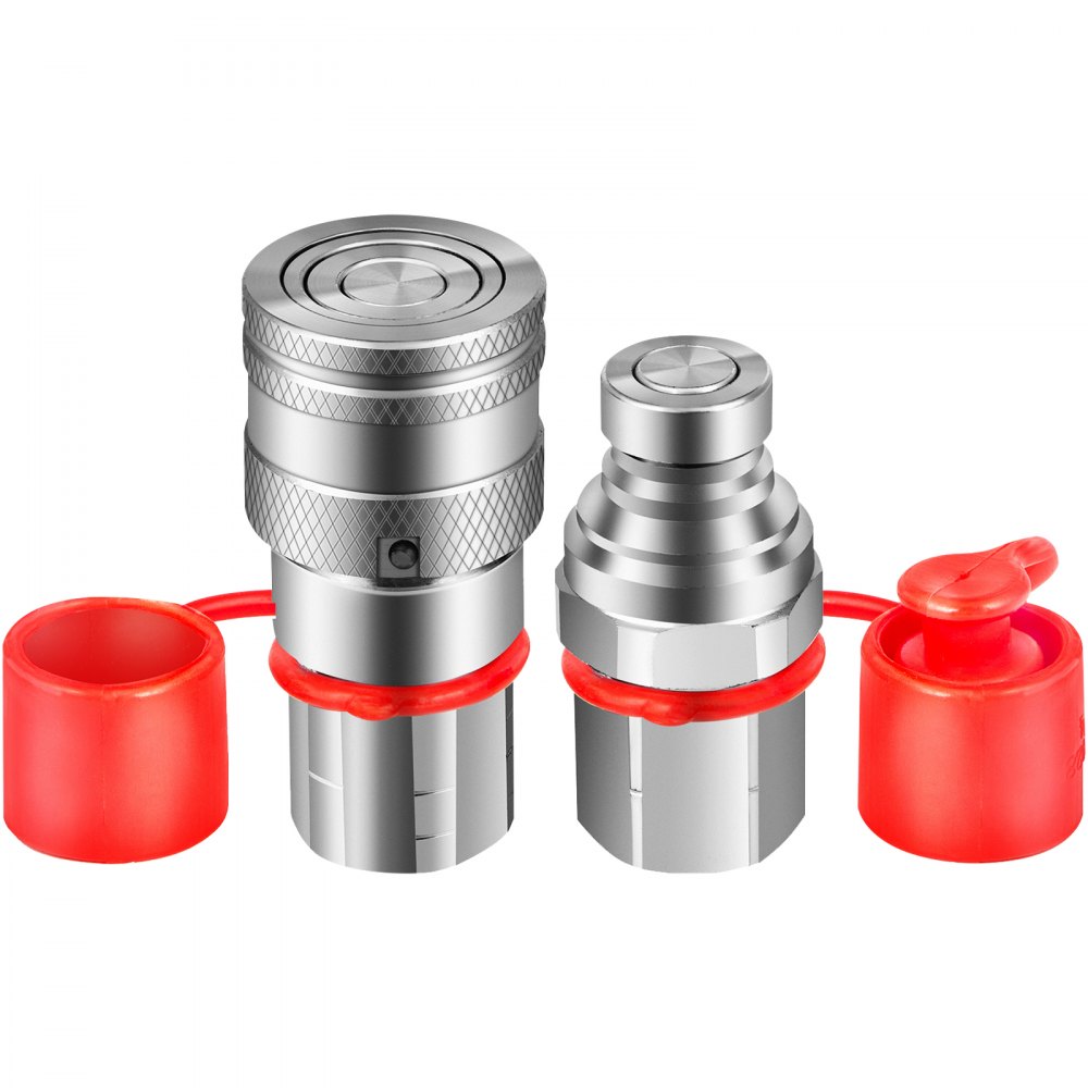 VEVOR hydraulic couplers with red protective caps and stainless steel finish.