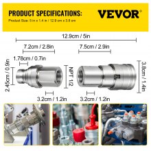 VEVOR Flat Face Hydraulic Couplers 1/2” Body 1/2” NPT Thread, Skid Steer Quick Connect Coupling, 4061 PSI Hydraulic Fittings, Pioneer Hydraulic Couplers with Dust Caps for Bobcat Case, Kubota