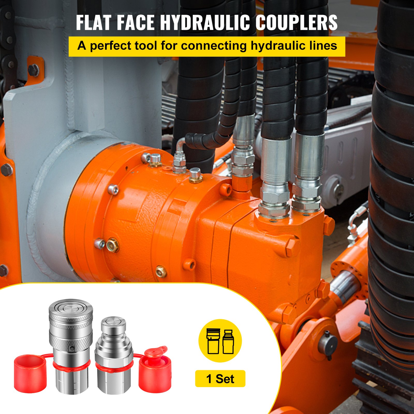VEVOR Flat Face Hydraulic Couplers 1/2'' Body 1/2'' NPT Thread, Skid Steer Quick Connect Coupling, 4061 PSI Hydraulic Fittings, Pioneer Hydraulic Couplers w/Dust Caps for Bobcat Case (ISO16028)