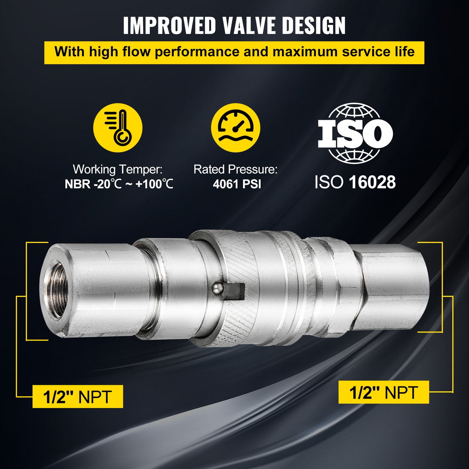 VEVOR Flat Face Hydraulic Couplers 1/2'' Body 1/2'' NPT Thread, Skid Steer Quick Connect Coupling, 4061 PSI Hydraulic Fittings, Pioneer Hydraulic Couplers w/Dust Caps for Bobcat Case (ISO16028)
