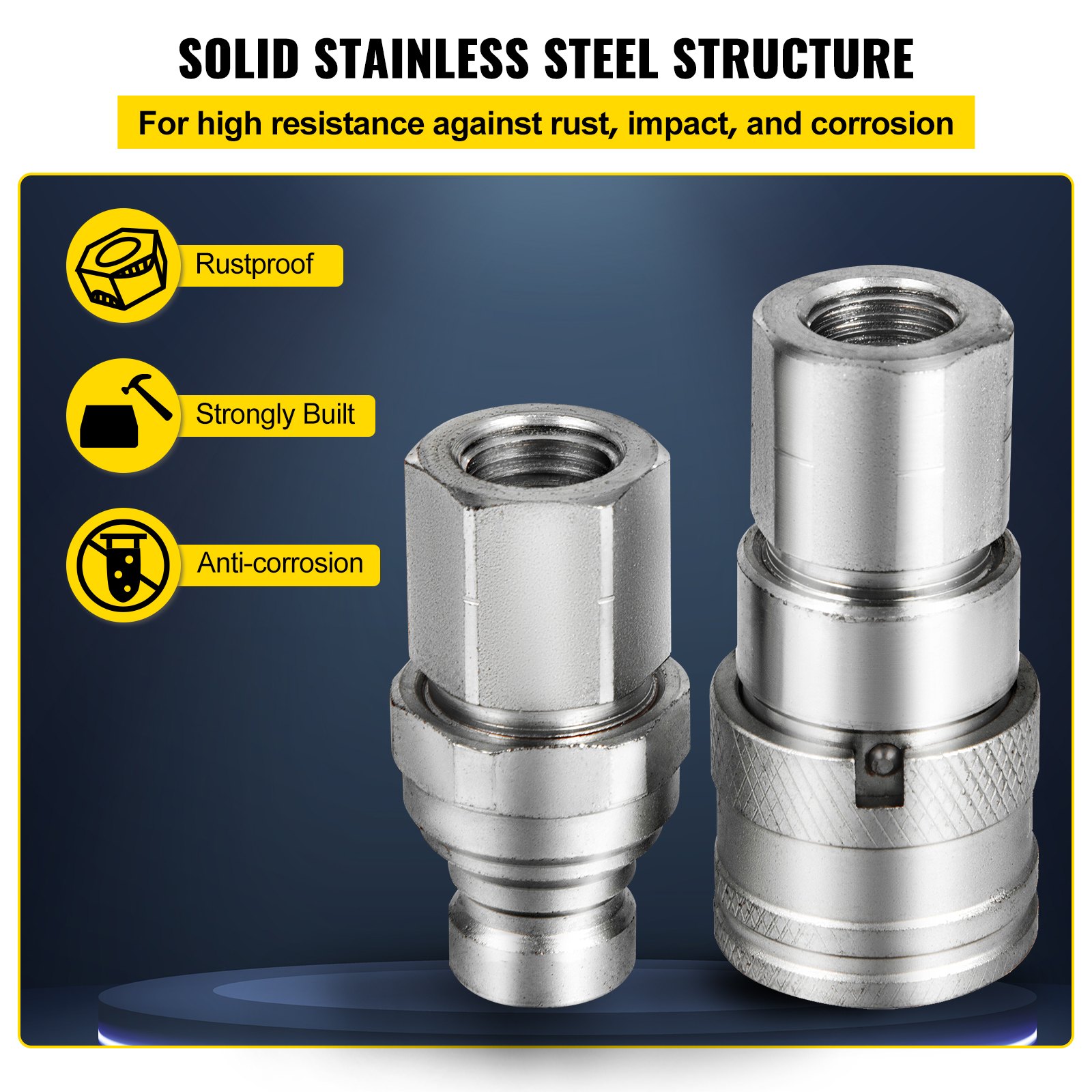 VEVOR Flat Face Hydraulic Couplers 1/2'' Body 1/2'' NPT Thread, Skid Steer Quick Connect Coupling, 4061 PSI Hydraulic Fittings, Pioneer Hydraulic Couplers w/Dust Caps for Bobcat Case (ISO16028)