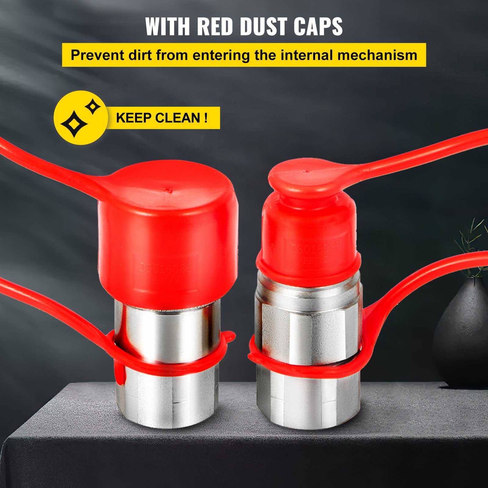 VEVOR Flat Face Hydraulic Couplers 1/2'' Body 1/2'' NPT Thread, Skid Steer Quick Connect Coupling, 4061 PSI Hydraulic Fittings, Pioneer Hydraulic Couplers w/Dust Caps for Bobcat Case (ISO16028)