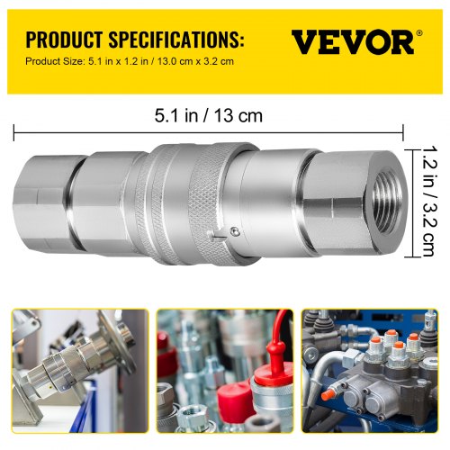 VEVOR Spherical Face Hydraulic Couplers 1/4" Body 1/4" NPT Thread, Skid Steer Quick Connect Couplings, 5076 PSI Hydraulic Fittings, 2 Sets Hydraulic Couplers w/Dust Caps for Bobcat Case, Kubota