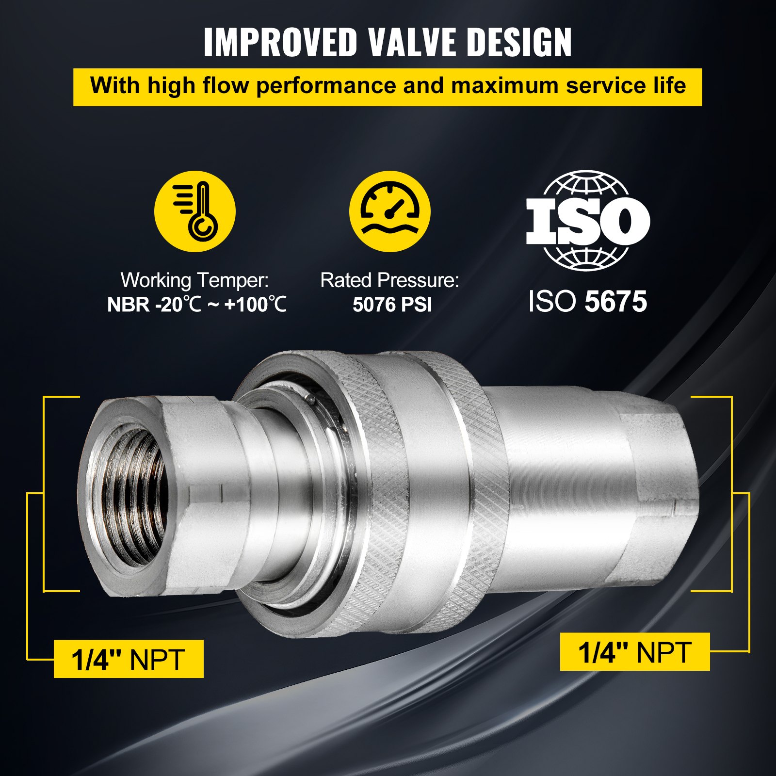 VEVOR Spherical Face Hydraulic Couplers 1/4" Body 1/4" NPT Thread, Skid Steer Quick Connect Couplings, 5076 PSI Hydraulic Fittings, 2 Sets Hydraulic Couplers w/Dust Caps for Bobcat Case, Kubota