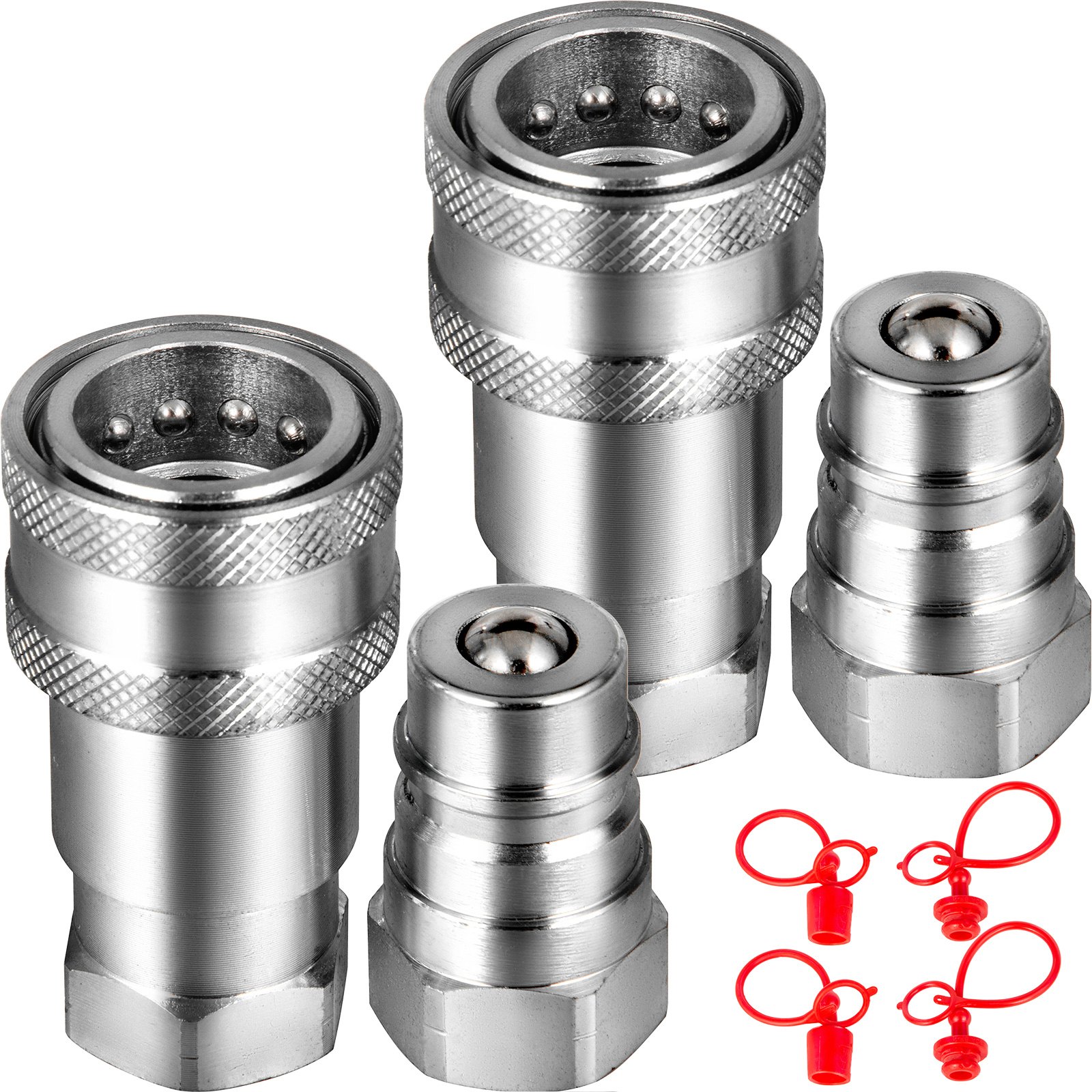 VEVOR Spherical Face Hydraulic Couplers 1/4" Body 1/4" NPT Thread, Skid Steer Quick Connect Couplings, 5076 PSI Hydraulic Fittings, 2 Sets Hydraulic Couplers w/Dust Caps for Bobcat Case, Kubota