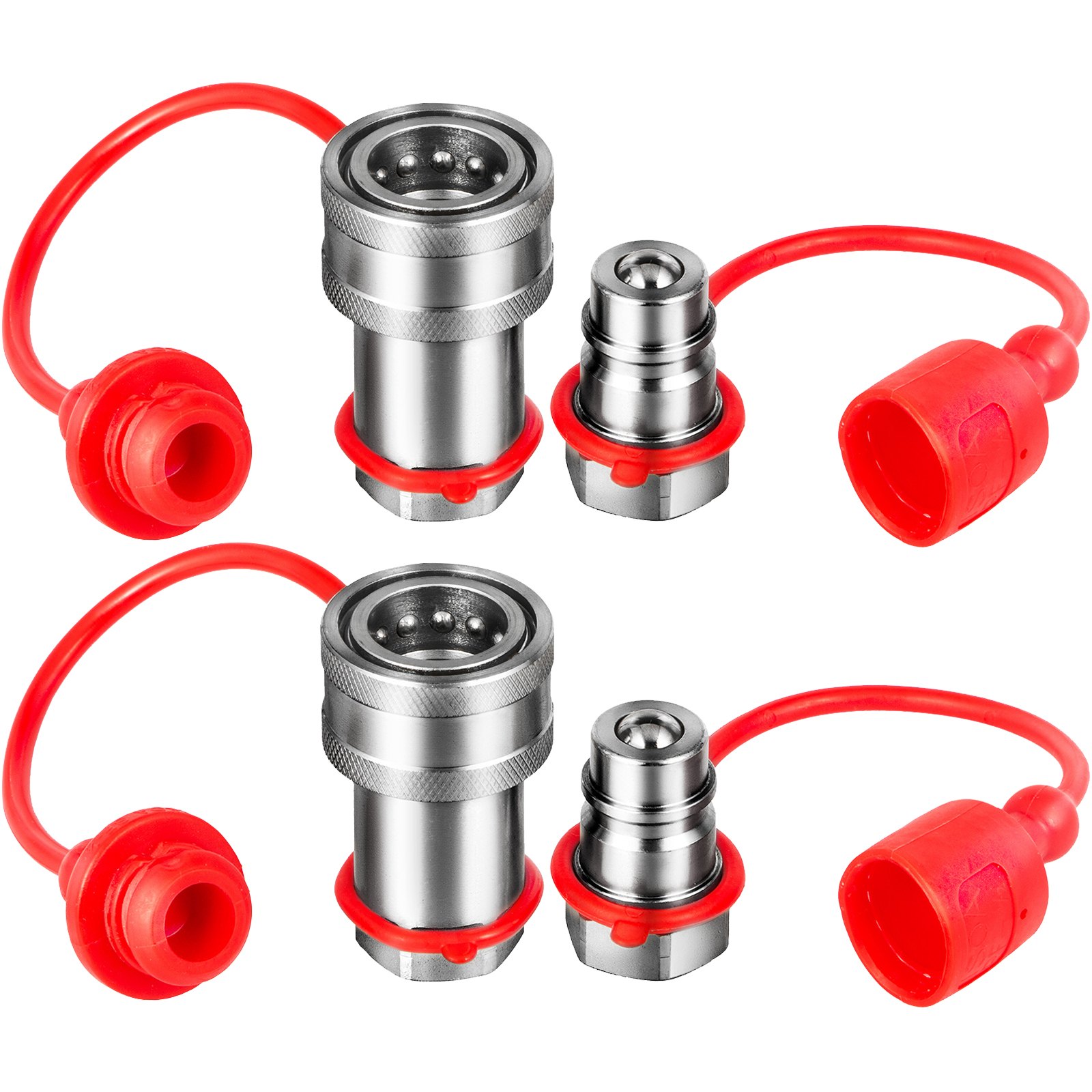 VEVOR Spherical Face Hydraulic Couplers 1/4" Body 1/4" NPT Thread, Skid Steer Quick Connect Couplings, 5076 PSI Hydraulic Fittings, 2 Sets Hydraulic Couplers w/Dust Caps for Bobcat Case, Kubota