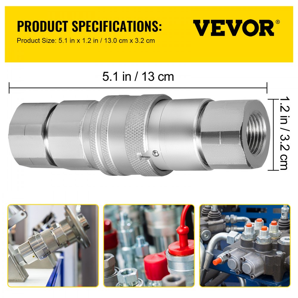 VEVOR Spherical Face Hydraulic Couplers 3/8\'\' Body 3/8\'\' NPT Thread, Skid Steer Quick Connect Couplings, 4061 PSI Hydraulic Fittings, 2 Sets Hydraulic Couplers with Dust Caps for Bobcat Case (ISO