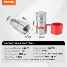 VEVOR 1/2" Flat Face Hydraulic Couplers 3/4 SAE Skid Steer Couplers 2 Dust Caps