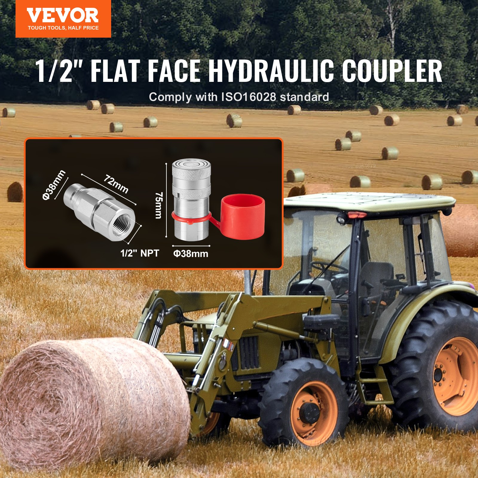 VEVOR hydraulic couplers 1/2&quot; flat face shown with tractor and hay bales in a field. complies with iso16028.